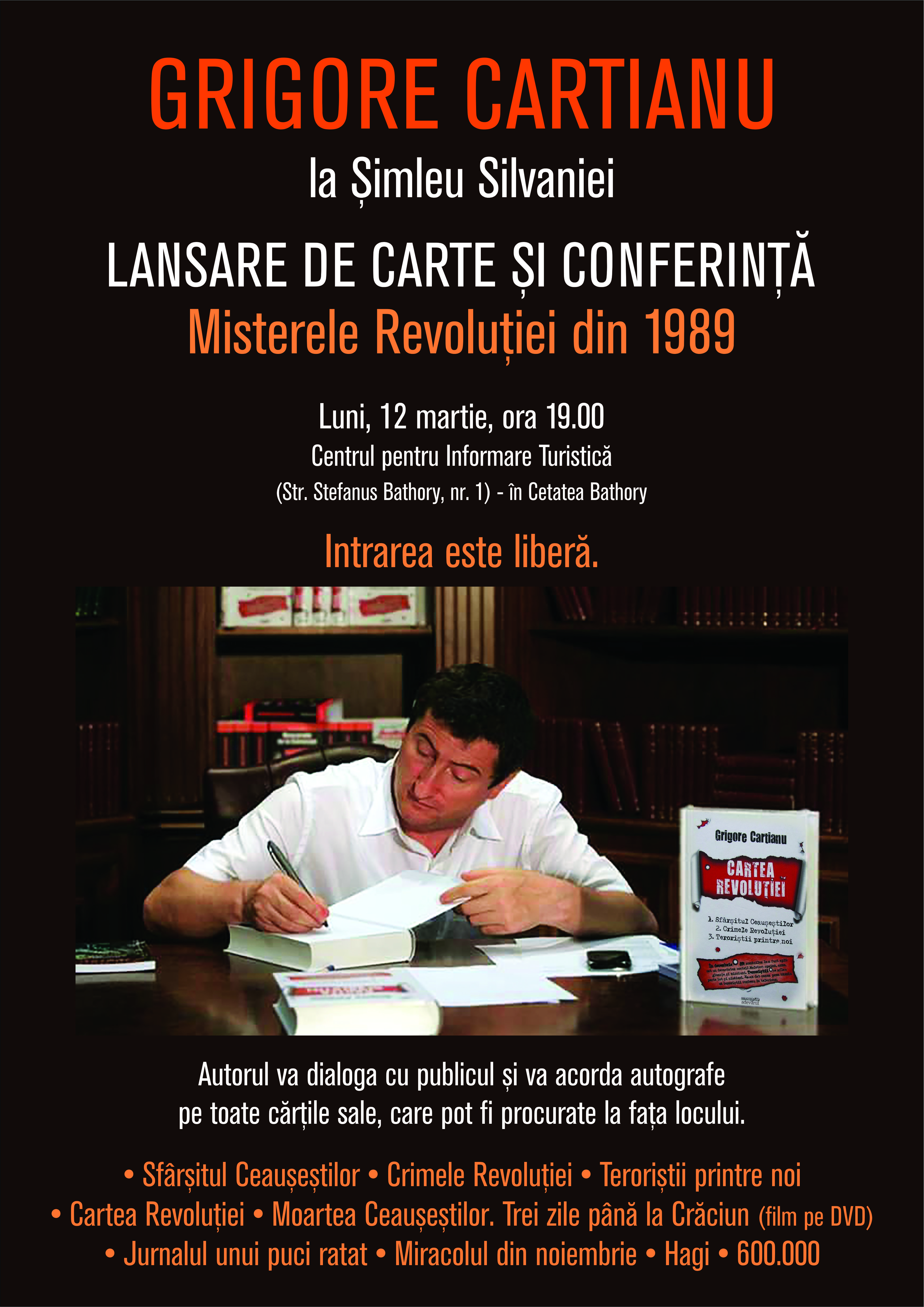 Grigore Cartianu își va lansa cărțile la Șimleu Silvaniei, unde va vorbi despre “Crimele Revoluției Române”
